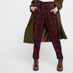 Free People Womens Here & There Trouser Pants Red Plaid High Rise Paperb…